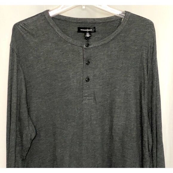 Treasure Bond Mens 2XL 3 Button Long Sleeve Henley Dark Charcoal Heather Tee NEW - Picture 1 of 5